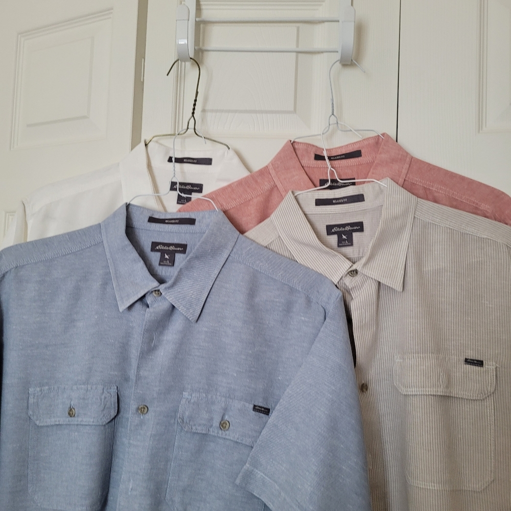 EUC Eddie Bauer cotton and linen short sleeve shirts. Lot of 4.